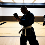 **

A brightly lit Kendo dojo with high ceilings. Several practitioners are engaged in intense sparring, their silhouettes dynamic against the light. In the foreground, a person is checking their phone, looking at an online class schedule on the MindBody app. Focus on conveying a sense of energy, modern convenience, and spaciousness.

**