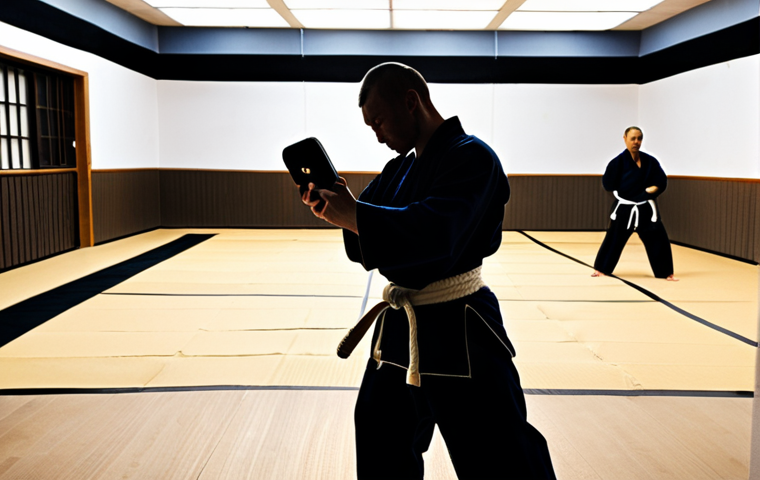 **
A brightly lit Kendo dojo with high ceilings. Several practitioners are engaged in intense sparring, their silhouettes dynamic against the light. In the foreground, a person is checking their phone, looking at an online class schedule on the MindBody app. Focus on conveying a sense of energy, modern convenience, and spaciousness.
**
