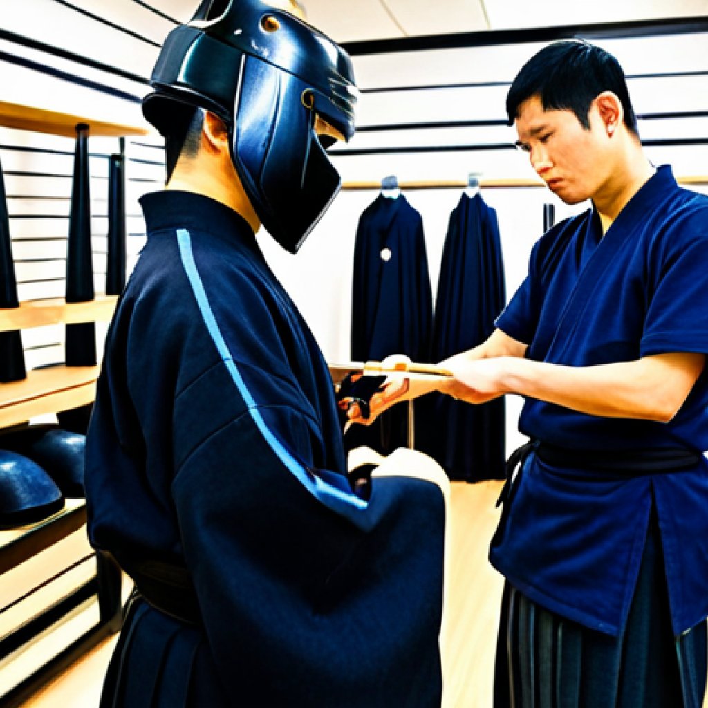 A professional Kendo shop owner, an experienced adult, thoughtfully assisting a young adult customer with the fit of a Kendo men (helmet). The shop owner gently adjusts the men while the customer listens attentively. They are both fully clothed in appropriate, modest attire. The scene is set in a well-lit, organized Kendo equipment store, with racks of bogu and shinai stands visible in the background. The atmosphere is warm, inviting, and professional. The image showcases perfect anatomy, correct proportions, and a natural pose, with well-formed hands and proper finger count. This is safe for work, appropriate content, and family-friendly professional photography, with high quality and sharp detail.