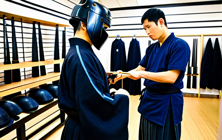 A professional Kendo shop owner, an experienced adult, thoughtfully assisting a young adult customer with the fit of a Kendo men (helmet). The shop owner gently adjusts the men while the customer listens attentively. They are both fully clothed in appropriate, modest attire. The scene is set in a well-lit, organized Kendo equipment store, with racks of bogu and shinai stands visible in the background. The atmosphere is warm, inviting, and professional. The image showcases perfect anatomy, correct proportions, and a natural pose, with well-formed hands and proper finger count. This is safe for work, appropriate content, and family-friendly professional photography, with high quality and sharp detail.