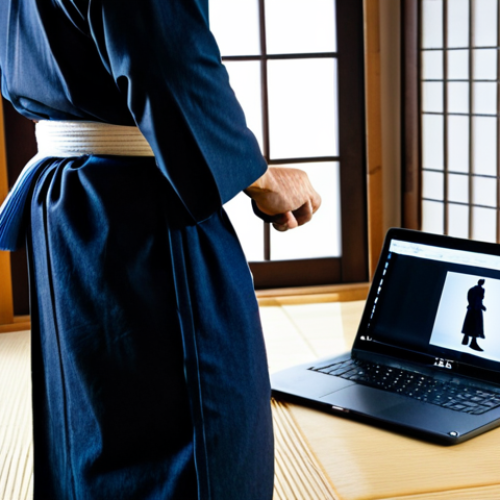 Home 21 Focused Kendo Practitioner**
"A Kendo practitioner in full *bogu*, standing in *shizentai* in a well-lit dojo. The practitioner is reviewing video footage on a laptop, analyzing their footwork. Focus on concentration and determination. Fully clothed in traditional Kendo attire. Safe for work, appropriate content, professional, modest, perfect anatomy, correct proportions, natural pose, well-formed hands, proper finger count, natural body proportions, high quality, professional photography."
**