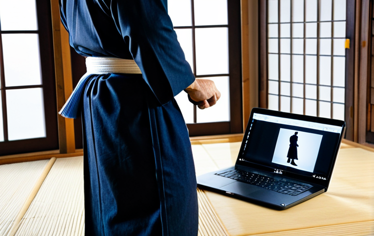 Focused Kendo Practitioner**
"A Kendo practitioner in full *bogu*, standing in *shizentai* in a well-lit dojo. The practitioner is reviewing video footage on a laptop, analyzing their footwork. Focus on concentration and determination. Fully clothed in traditional Kendo attire. Safe for work, appropriate content, professional, modest, perfect anatomy, correct proportions, natural pose, well-formed hands, proper finger count, natural body proportions, high quality, professional photography."
**