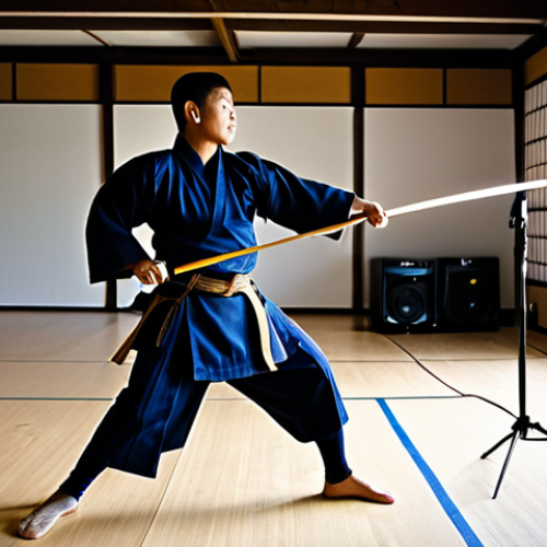 Home 20 Lighting and Sound Setup**
"A well-lit dojo scene with a Kendo practitioner in full gear, demonstrating a strike. Focus on the lighting setup: softboxes strategically placed, a shotgun microphone mounted on a camera, and a lavalier mic clipped to the kendoka's uniform. The scene should depict a professional video shoot. Emphasis on proper lighting and audio equipment. Safe for work, appropriate content, fully clothed, professional, perfect anatomy, correct proportions, natural pose, well-formed hands, proper finger count, natural body proportions."
**