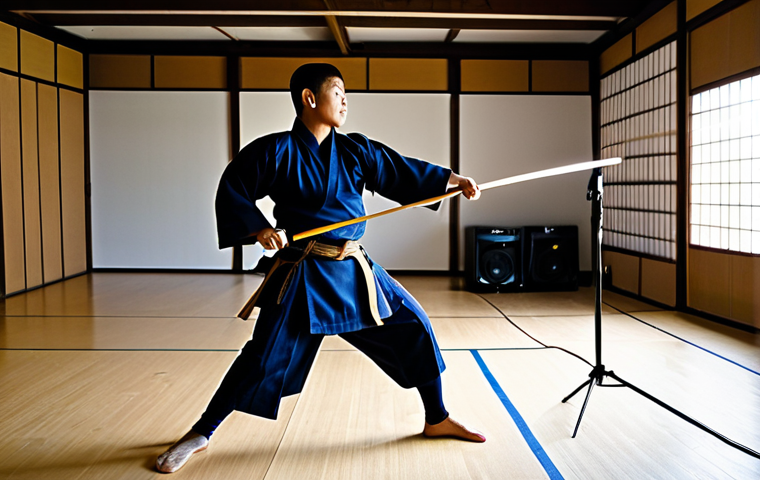 Lighting and Sound Setup**
"A well-lit dojo scene with a Kendo practitioner in full gear, demonstrating a strike. Focus on the lighting setup: softboxes strategically placed, a shotgun microphone mounted on a camera, and a lavalier mic clipped to the kendoka's uniform. The scene should depict a professional video shoot. Emphasis on proper lighting and audio equipment. Safe for work, appropriate content, fully clothed, professional, perfect anatomy, correct proportions, natural pose, well-formed hands, proper finger count, natural body proportions."
**