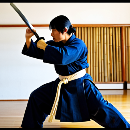 Home 19 Focused Kendo Practice**
"A kendoka (kendo practitioner) in full bogu (kendo armor), mid-swing during kiri-kaeshi practice in a brightly lit dojo, focused expression, demonstrating proper form and posture, motion blur on the shinai (bamboo sword) indicating speed, other students practicing in the background, wooden floors, safe for work, appropriate content, fully clothed, professional, perfect anatomy, correct proportions, natural pose, well-formed hands, proper finger count, natural body proportions, clean and sharp image."
**