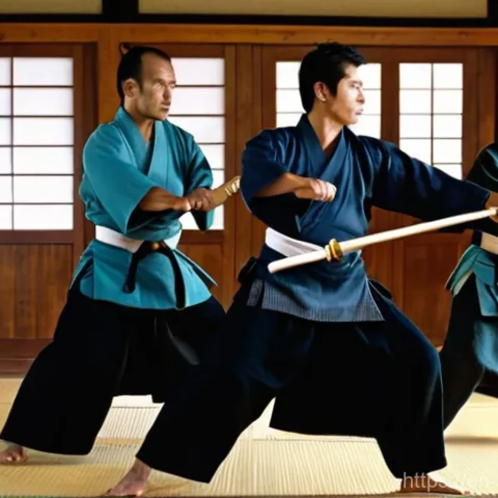 검도 대회 역사 - **Prompt:** A group of historical Japanese samurai, in their early 20s to 40s, are diligently practi...