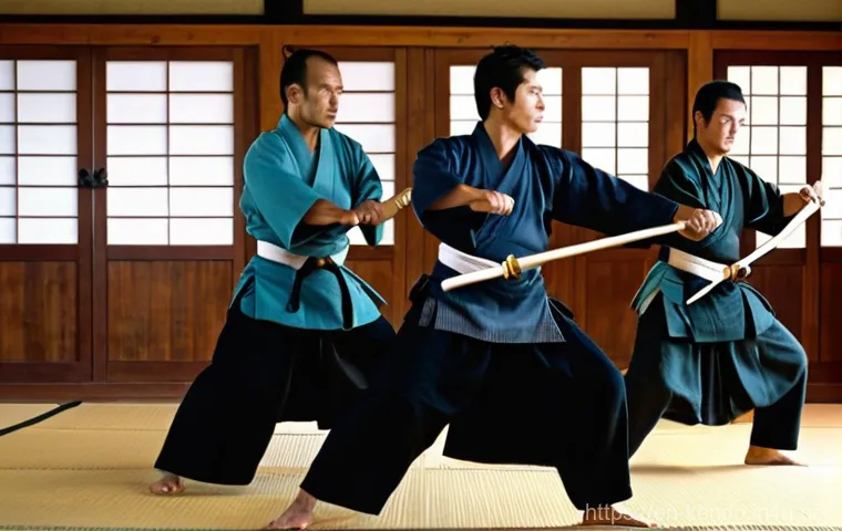 검도 대회 역사 - **Prompt:** A group of historical Japanese samurai, in their early 20s to 40s, are diligently practi...