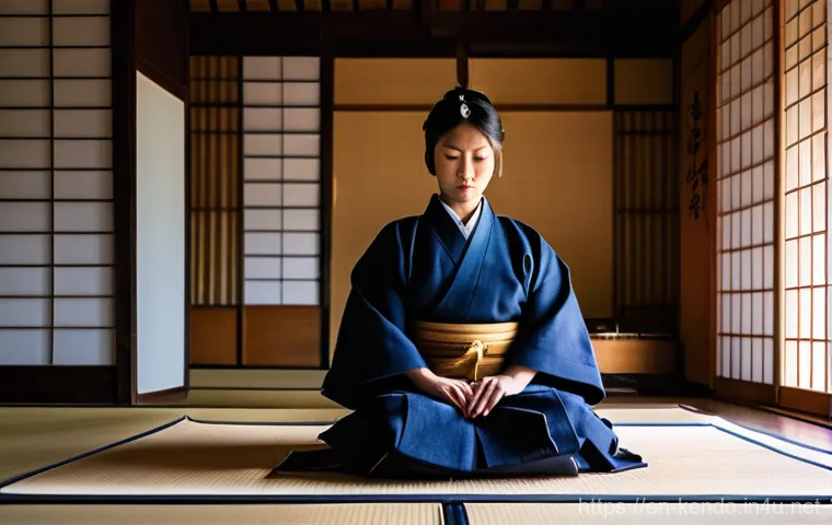 검도 기록 앱 추천 - **Prompt:** A focused Kendo practitioner, a young woman in her early 20s, sits respectfully on the w...