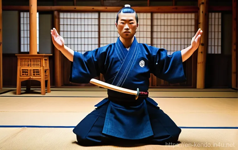 검도 장비 온라인 구매 - A powerful and focused Kendo practitioner in a traditional Japanese dojo, captured mid-action during...