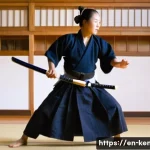 검도 기초 지식 강의 - **Prompt:** A dynamic action shot inside a brightly lit Kendo dojo. A female kendoka, in her late 20...
