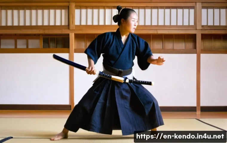 검도 기초 지식 강의 - **Prompt:** A dynamic action shot inside a brightly lit Kendo dojo. A female kendoka, in her late 20...