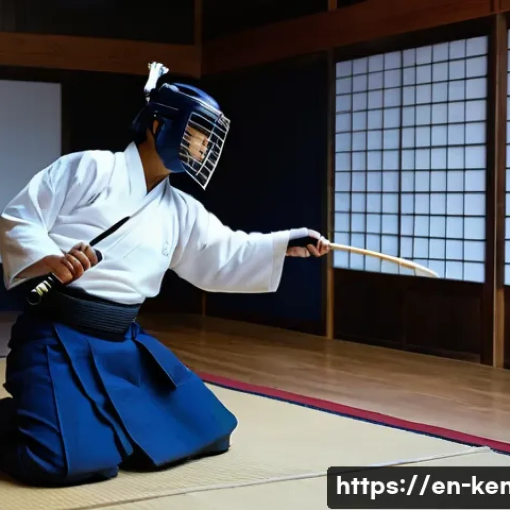 검도 훈련 앱 소개 - A focused young adult male practicing Kendo indoors, wearing traditional navy blue hakama and keikog...