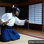 검도 훈련 앱 소개 - A focused young adult male practicing Kendo indoors, wearing traditional navy blue hakama and keikog...