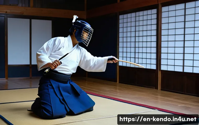 검도 훈련 앱 소개 - A focused young adult male practicing Kendo indoors, wearing traditional navy blue hakama and keikog...