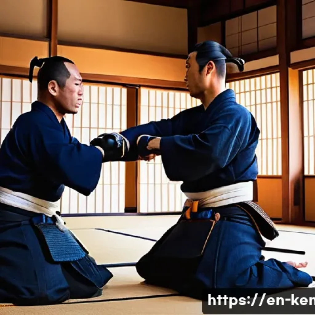 검도의 매력 - A dynamic kendo match scene inside a traditional Japanese dojo with polished wooden floors and shoji...