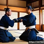 검도의 매력 - A dynamic kendo match scene inside a traditional Japanese dojo with polished wooden floors and shoji...