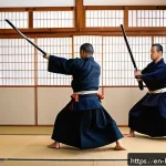 검도 유명 도장 추천 - A serene traditional kendo dojo interior with polished wooden floors and tatami mats, natural light ...