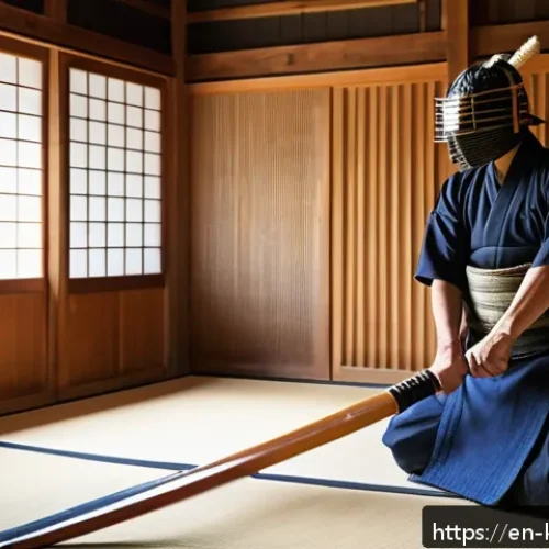 검도 Q A - A focused kendoka in traditional kendo armor (bogu) performing the chudan-no-kamae stance on a polis...