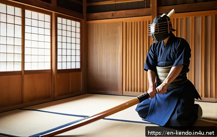 검도 Q A - A focused kendoka in traditional kendo armor (bogu) performing the chudan-no-kamae stance on a polis...