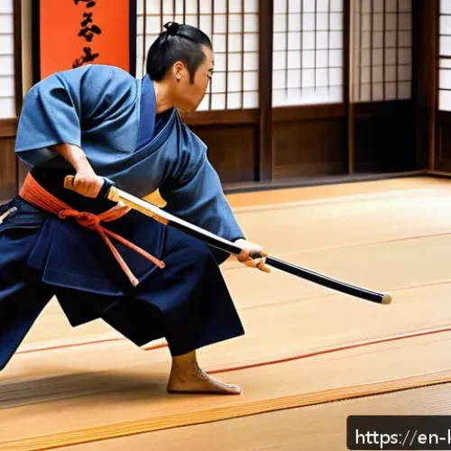 검도와 다이어트 - A dynamic scene of a kendo practitioner in traditional blue keikogi and hakama with protective armor...