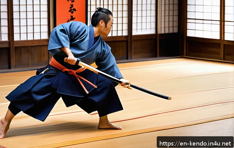 검도와 다이어트 - A dynamic scene of a kendo practitioner in traditional blue keikogi and hakama with protective armor...
