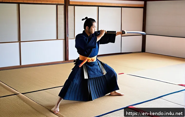 검도 초보자 가이드 - A focused Kendo practitioner in full traditional bogu armor performing the Chudan-no-kamae stance on...