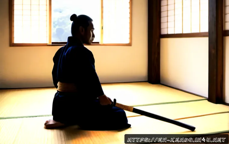 Home 17 검도의 철학과 정신 - Photorealistic kendo dojo at dawn, a disciplined adult practitioner in full protective armor kneelin...