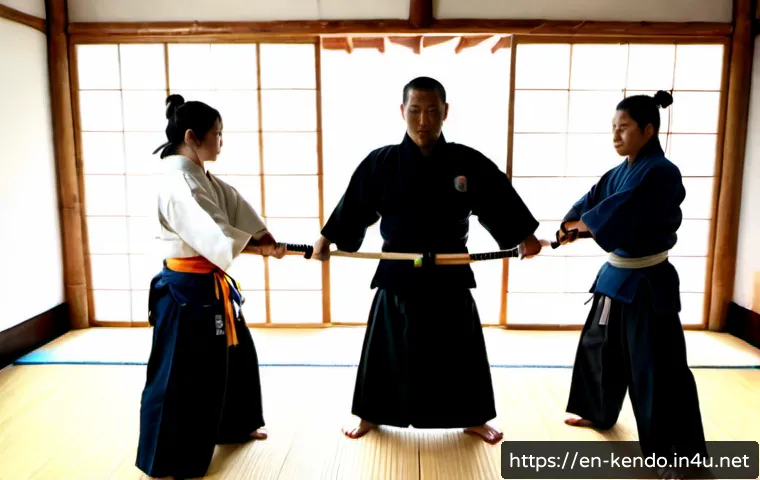 검도 선생님 되는 방법 - Photorealistic kendo instructor in full protective armor demonstrating a precise bamboo sword stance...