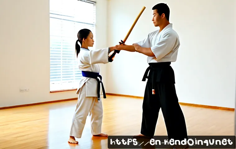 검도와 다른 무술 비교 - Photorealistic martial arts comparison scene in a bright modern training studio, adult kendo practit...