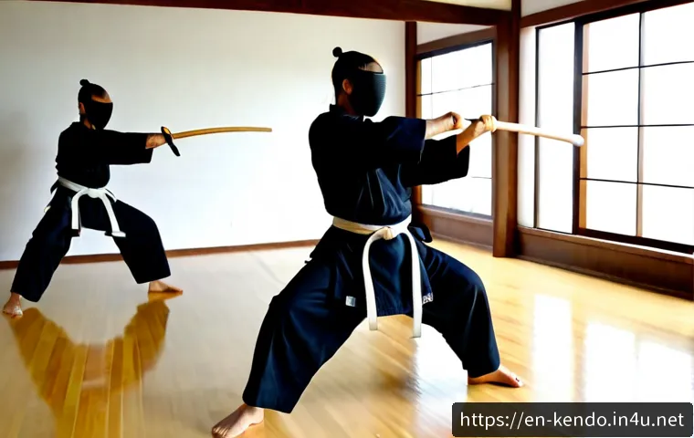 검도 스킬 체계 - Photorealistic martial arts dojo scene illustrating a kendo skill progression, three adult practitio...