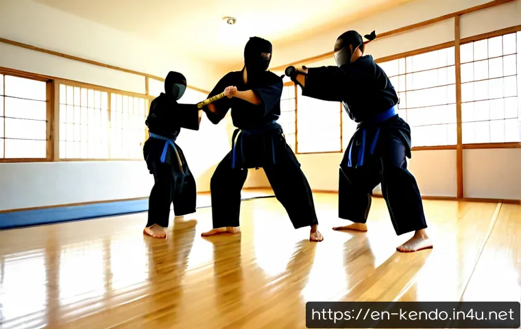 검도와 친구들과의 연습 - Photorealistic martial arts practice in a bright community dojo, four adult friends wearing traditio...